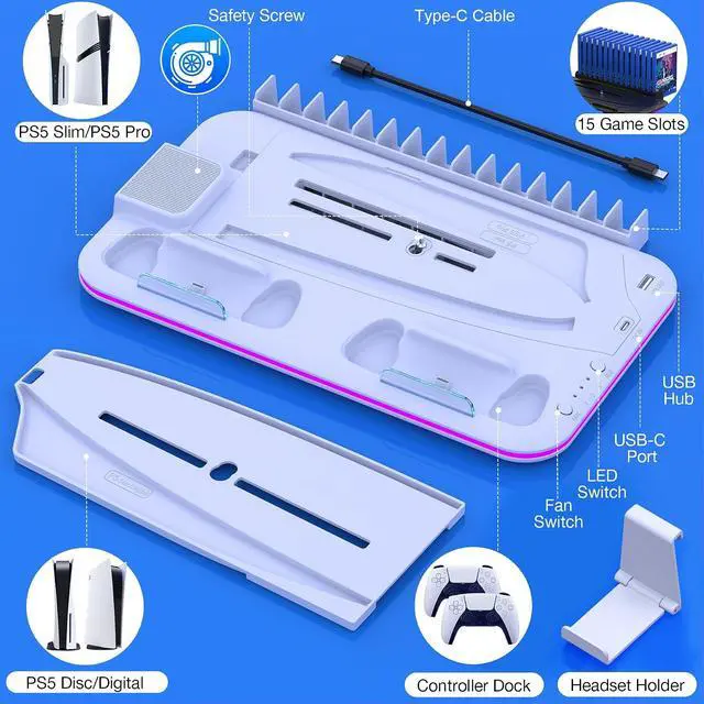 Alt view image 5 of 7 - PS5/Slim/Pro Stand and Cooling Station with Controller Charging Station for Digital/Disc, PS5 Accessories Incl. 3 Levels Cooling Fan, LED Light, 15 Game Storage, Headset Holder for Playsation 5 White