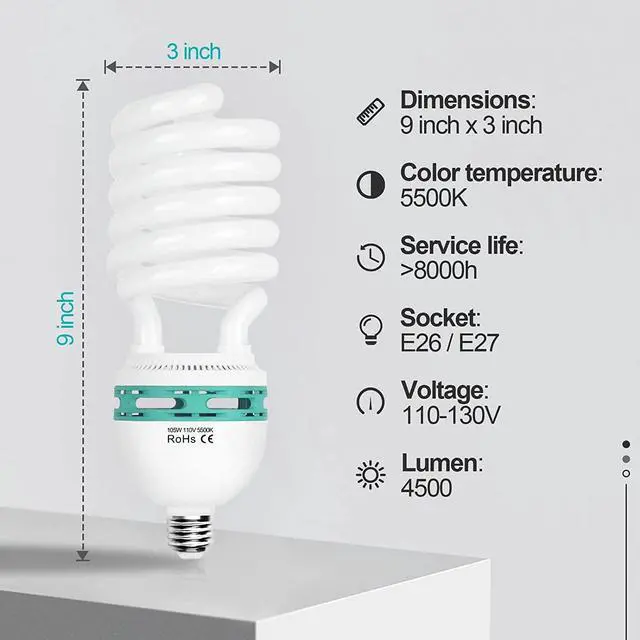 Alt view image 2 of 7 - EMART Full Spectrum Light Bulb, 105W Spiral CFL 5500k Daylight for Softbox Lighting Kit, Replacement Lamp for Photography Photo Video Studio, Household Use, Portrait Shooting -4PACK