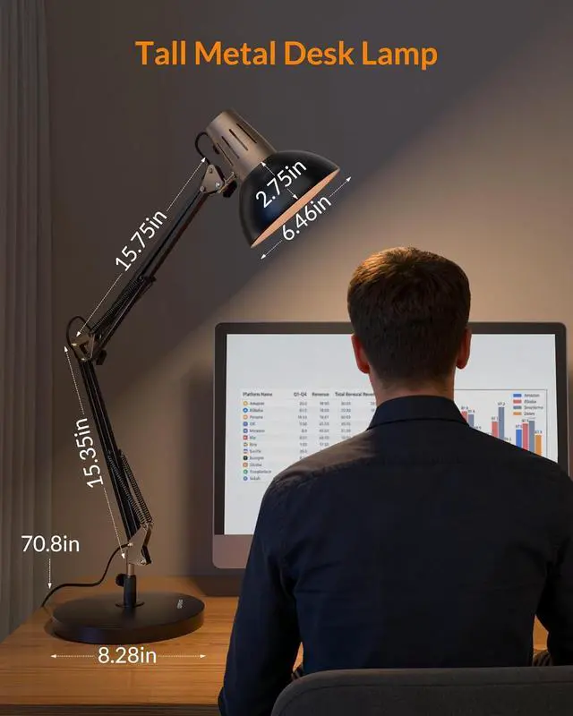 Alt view image 2 of 7 - LEPOWER Metal Desk Lamp, Adjustable Goose Neck Architect Table Lamp with On/Off Switch, Swing Arm Desk Lamp with Clamp, Eye-Caring Reading Lamp for Bedroom, Study Room &Office (Sandy Black)