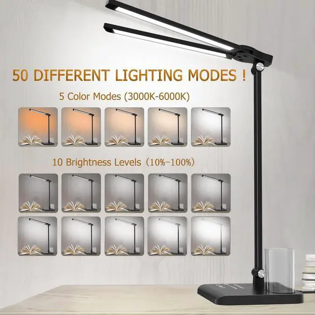Alt view image 4 of 7 - Dimmable LED Desk Lamp with USB Charging Port, 50 Lighting Modes Dual Swing Arm Architect Table Lamp Light Desk Lamp for Home Office Dorm Piano Nail