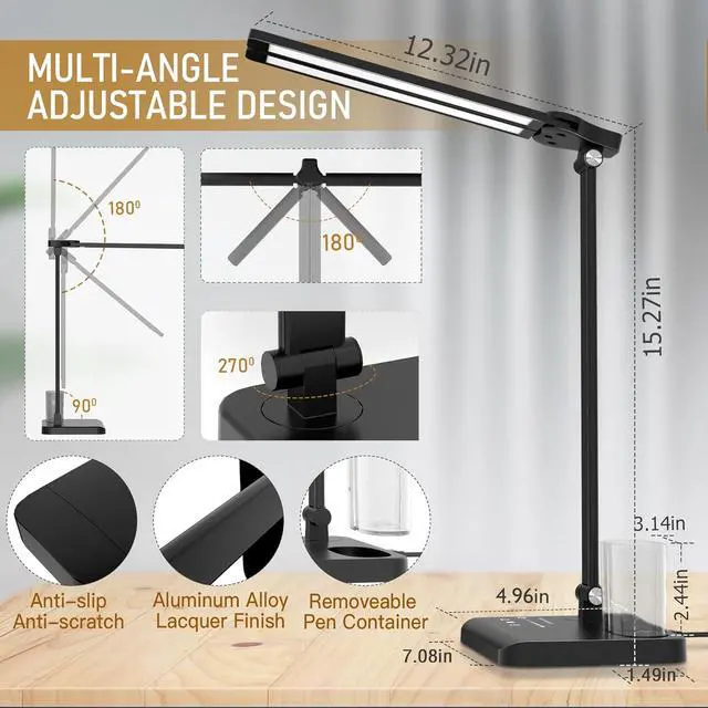 Alt view image 5 of 7 - Dimmable LED Desk Lamp with USB Charging Port, 50 Lighting Modes Dual Swing Arm Architect Table Lamp Light Desk Lamp for Home Office Dorm Piano Nail