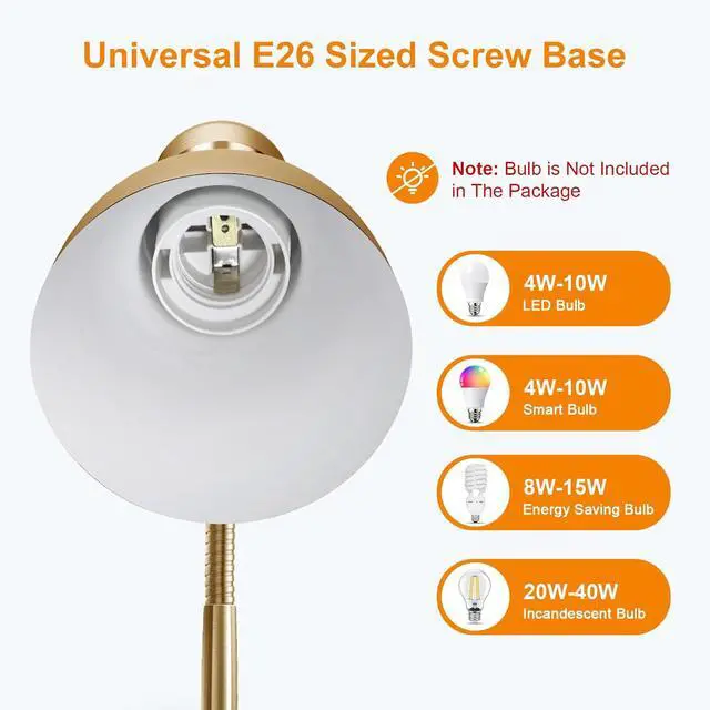 Alt view image 4 of 7 - LEPOWER Metal Desk Lamp, Adjustable Goose Neck Table Lamp, Eye-Caring Study Desk Lamps for Bedroom, Study Room and Office (Gold)