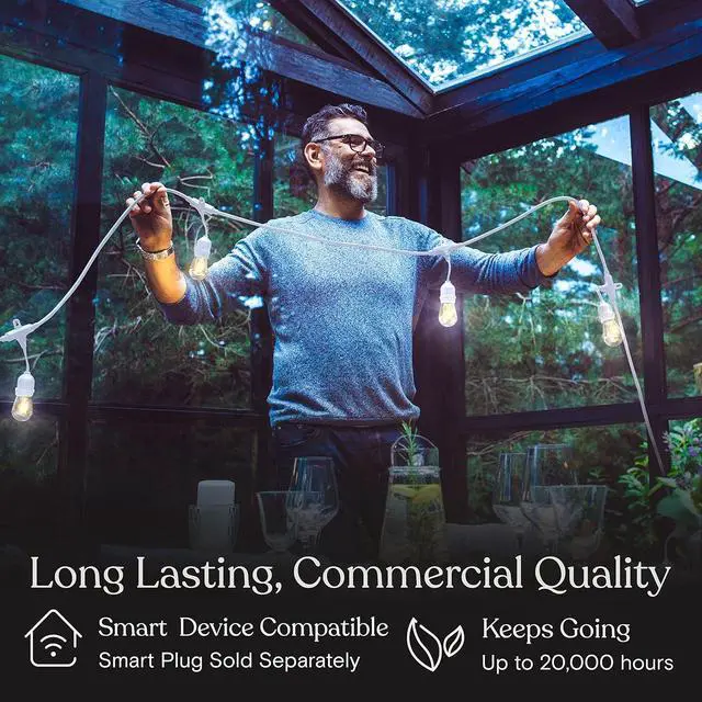 Alt view image 4 of 7 - Brightech Ambience Pro Waterproof LED Outdoor String Lights, 48 Ft, Hanging, Dimmable Vintage Edison Bulbs, 15 Bulbs, 2W
