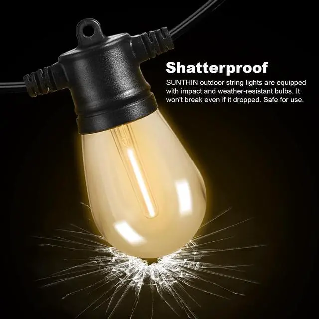 Alt view image 3 of 7 - SUNTHIN Outdoor String Lights, 48FT Patio Lights with 16 LED Shatterproof Bulbs for Outside, Backyard, Deck, Porch, Garden, Bistro, Cafe, Party