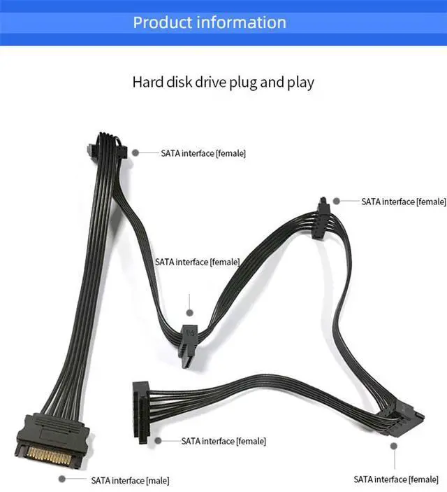 Alt view image 13 of 14 - 2pcs/lot SATA Power 4 Pin 1 Male To 5 Female Splitter Hard Drive Cable for HDD SSD