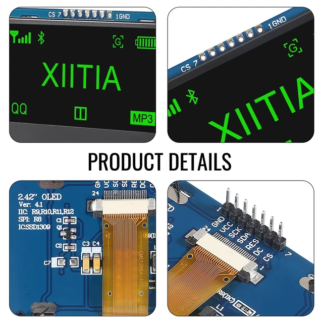 Alt view image 4 of 5 - XIITIA 2pcs 7 Pin 2.42" SSD1309 128x64 OLED Display Module 2.42 Inch OLED LCD Display Module IIC I2C SPI(Green Light)