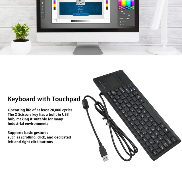 Alt view image 2 of 5 - Wired Keyboard with Trackpad, Ultra Thin Touch Keyboard with X Scissors Key, Built in USB Hub, Compact Mini Industrial Keypad for Food Service Marine Medical