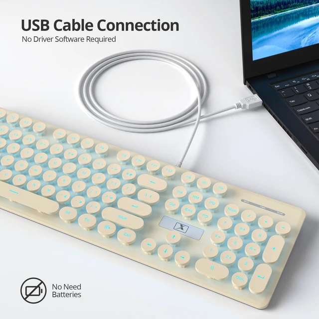 Alt view image 2 of 5 - surmen Cute Quiet Keyboard Wired Retro Typewriter, Full Size Soft Keyboards with Number Pad, Round Keys, Backlit USB for Office, Desktop, Laptop (Beige)