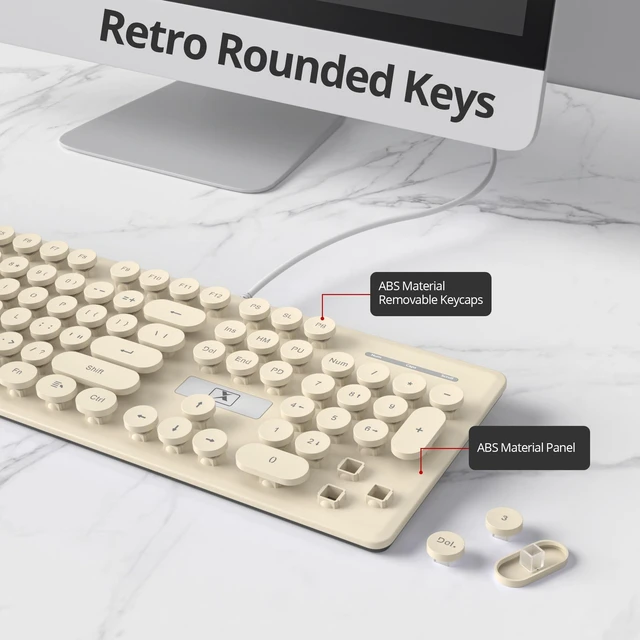 Alt view image 5 of 5 - surmen Cute Quiet Keyboard Wired Retro Typewriter, Full Size Soft Keyboards with Number Pad, Round Keys, Backlit USB for Office, Desktop, Laptop (Beige)