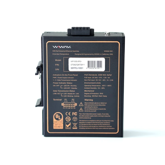 Alt view image 2 of 5 - WIWAV WP1005-5FE-I 10/100Mbps Unmanaged 5-Port PoE Industrial Ethernet Switches with DIN Rail/Wall-Mount (UL Listed, IP40, -40~85)