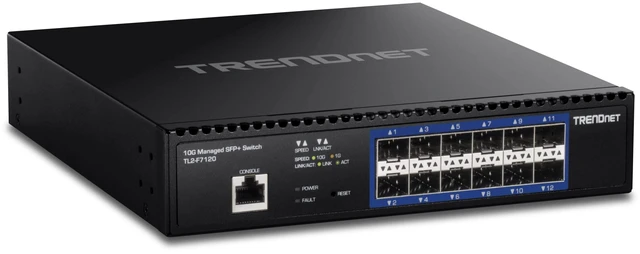 Main image of TRENDnet 12-Port 10G Layer 2 Managed SFP+ Switch, TL2-F7120, 12 x 10G SFP+ Ports, 240Gbps, Ethernet Splitter, NDAA & TAA Compliant, Lifetime Protection, Black