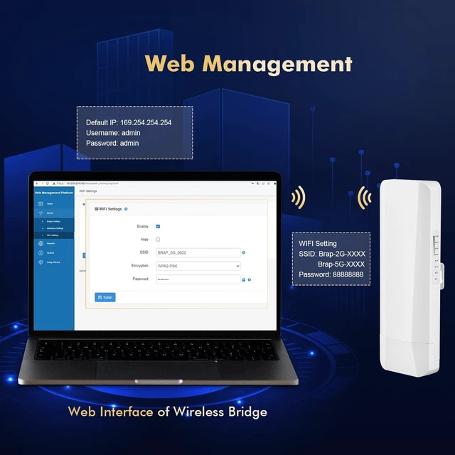 Alt view image 5 of 5 - Outdoor Wireless Bridge, Point to Point WiFi Bridge, 5.8GHz 1-3KM Distance, 2X 100Mbps Ethernet Port, 24V PoE Adapter, 2 Pack