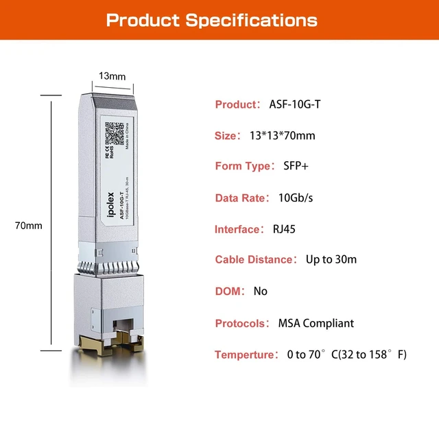 Alt view image 4 of 4 - ipolex 10G SFP+ RJ45 Copper Transceiver, 10GBase-T RJ-45 SFP+ Module, Compatible for HPP, HP Aruba (CAT6a/CAT7, 30m)