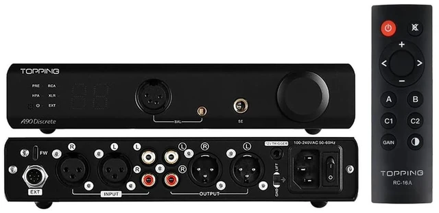 Main image of Topping A90 Discrete Fully Discrete Balanced Headphone Amplifier HiFi NFCA 4Pin XLR/4.4MM Balanced/6.35MM SE Out 9800mWx2 Desktop Headphone Amp Preamp with Remote Control (Black)