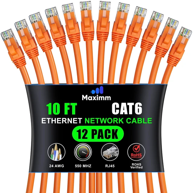 Main image of Maximm Cat6 Ethernet Cable 10 Ft, 10 Gbps 550 MHz, Orange, 12 Pack
