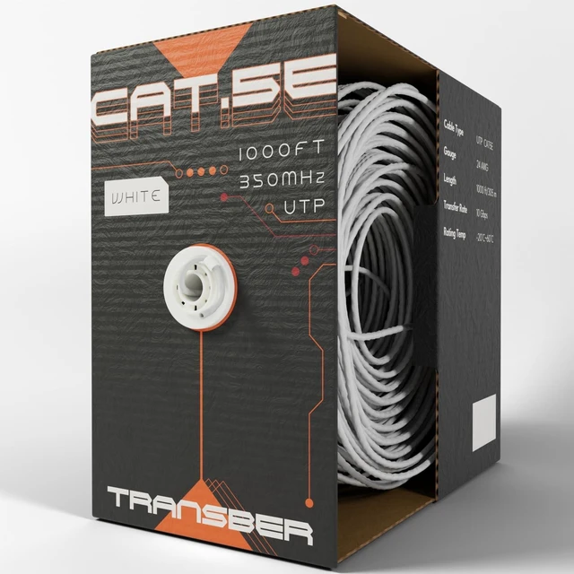 Main image of Transber, CAT5e 1000ft Ethernet Cable Solid UTP Up to 10Gbps 350Mhz 24AWG 4x2 Pair Bulk Cable Network PoE++/4PPoE LAN Wire 1000-feet Easy Pull Box (White)