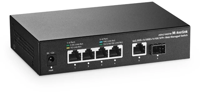 Main image of MokerLink 10G Easy Web Managed Switch, 4x2.5G, 1x10G RJ-45 Base-T, 1x10G SFP, Support LACP/VLAN/QOS/IGMP, Metal Web Managed Fanless Network Switch