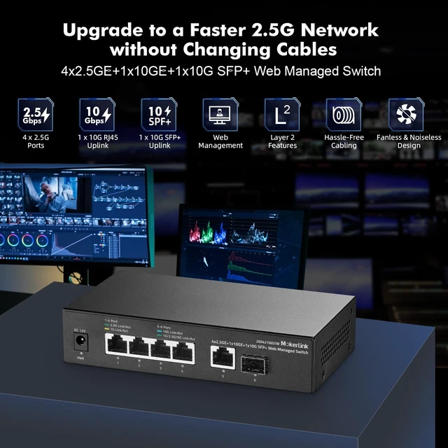 Alt view image 2 of 5 - MokerLink 10G Easy Web Managed Switch, 4x2.5G, 1x10G RJ-45 Base-T, 1x10G SFP, Support LACP/VLAN/QOS/IGMP, Metal Web Managed Fanless Network Switch
