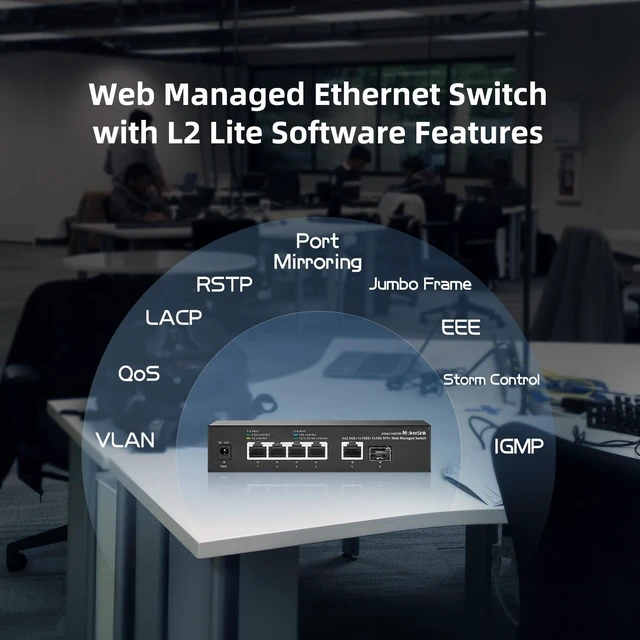 Alt view image 5 of 5 - MokerLink 10G Easy Web Managed Switch, 4x2.5G, 1x10G RJ-45 Base-T, 1x10G SFP, Support LACP/VLAN/QOS/IGMP, Metal Web Managed Fanless Network Switch