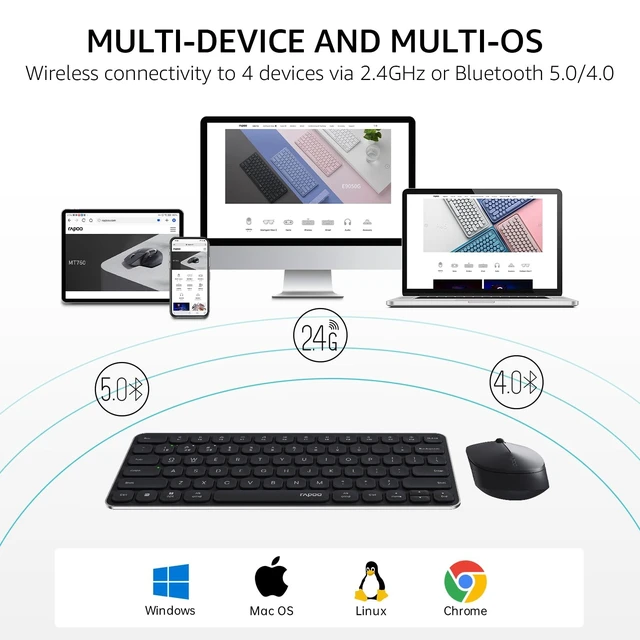 Alt view image 2 of 5 - Rapoo 9010M Multi-Device Keyboard and Mouse Combo, 2.4GHz/Bluetooth 5.0/4.0 Wireless Keyboard & Mouse Set for Windows/Mac/Linux/Chrome, Support 4 Devices, Low-Profile Silent Click, Battery Powe