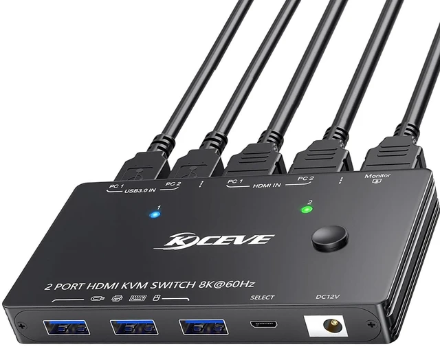 Main image of 8K HDMI KVM Switch 1 Monitors 2 Computers, 8K@60Hz/4K@120Hz KVM Switch for 2 Computers Sharing 1 Monitors, Keyboard, Mouse,with 2 USB Cables,Controller and Power Adapter