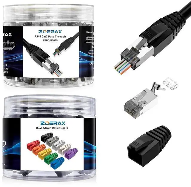 Main image of ZOERAX RJ45 Connectors, Ethernet Connector CAT6A, and CAT7 RJ45 Pass Through Connectors & Strain Relief Boots 50-Pack (50 Connectors + 50 Boots) - Black