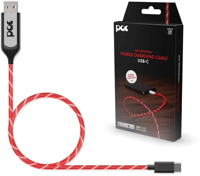 Main image of Statik PowerAware 224/110V Light Up Charger Cord USB ^^ USB to USB C Cable & LED Charging Cable ^^ Light Up Charging Cable ^^ Light Up Phone Charger Cord ^^ Red, 3FT/1M