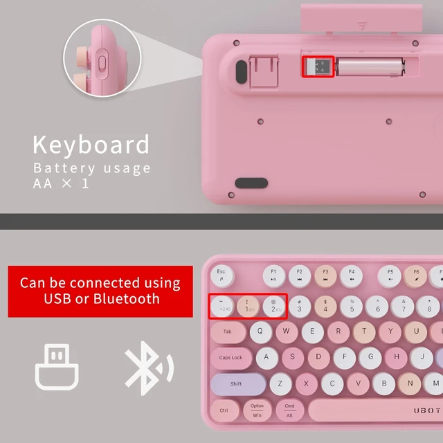 Alt view image 5 of 5 - UBOTIE Colorful Wireless Bluetooth Keyboard, Dual Mode (Pink Colorful)