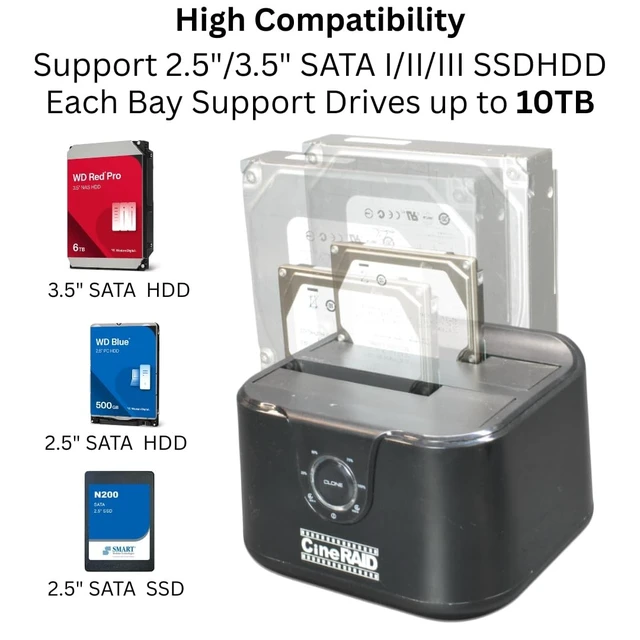 Alt view image 3 of 5 - CineRAID CRH238 USBC 10Gbps DualBay SATA Docking Station ^^ Offline Cloning with LED Progress ^^ 2.5/3.5 HDD/SSD ^^ ToolFree ^^ UASP ^^ Up to 24TB