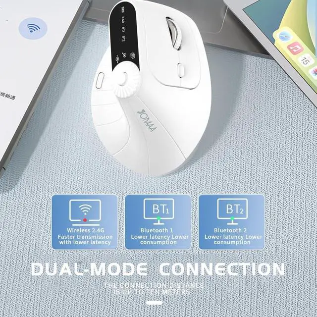 Alt view image 5 of 5 - JOMAA Wireless 2.4G & Dual Bluetooth Three-Channel Ergonomic Vertical Mouse Adjustable DPI, Multi-Function Turntable for PC, Laptop, MacBook, Rechargeable (White)