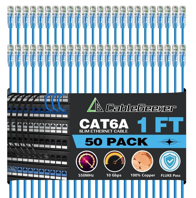Main image of CableGeeker Cat 6A Slim Ethernet Patch Cables, 1 ft, 50-Pack, Blue