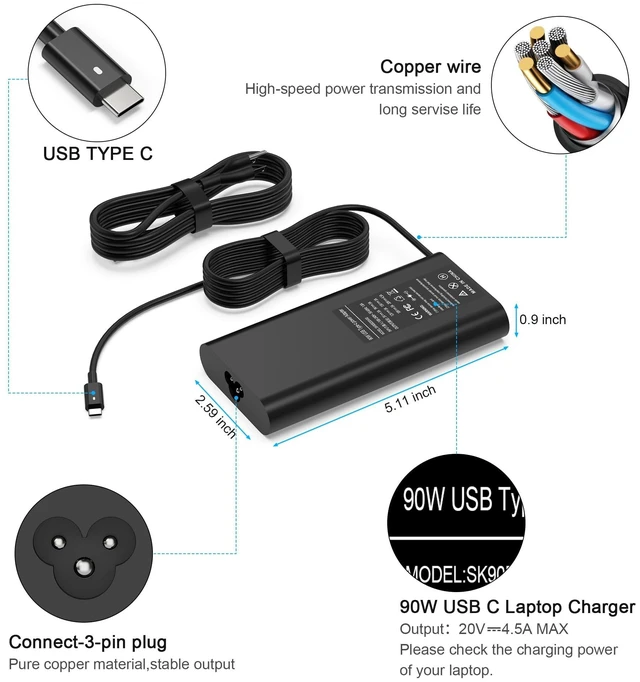 Alt view image 3 of 5 - New Slim 90W USB C Laptop Charger Compatible with Dell XPS 15 9500 17 9700 Latitude 3000 5000 7000 9000 Series Precision 5470 5550 5750 3540 3570 LA90PM170 DA90PM170 Type C AC Adapter Power Cord