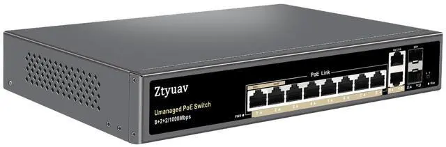 Main image of Ztyuav 12-Port Full Gigabit Unmanaged PoE Switch with 8 PoE+ Ports @120W, 2 Uplink and 2 SFP Slots-IEEE802.3af/at, QoS, PD Auto-Detection, VLAN Mode, Metal Fanless Network Switch Plug & Play