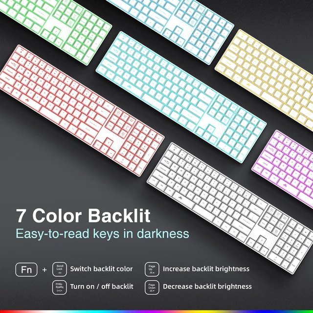 Alt view image 2 of 5 - POWZAN Wireless Backlit Keyboard Quiet - Computer Rechargeable Ergonomic Light UP Keyboard, Silent Keys Full Size Compatible for Windows, Desktop, Laptop, PC, Gaming, PS5 - White