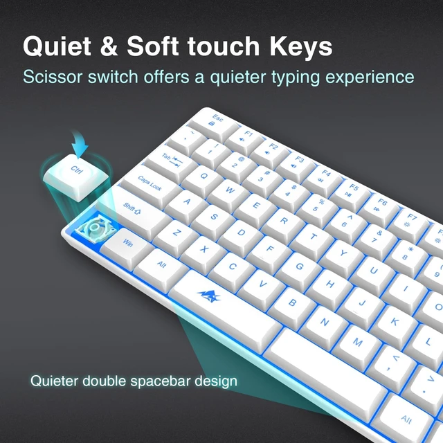 Alt view image 3 of 5 - POWZAN Wireless Backlit Keyboard Quiet - Computer Rechargeable Ergonomic Light UP Keyboard, Silent Keys Full Size Compatible for Windows, Desktop, Laptop, PC, Gaming, PS5 - White