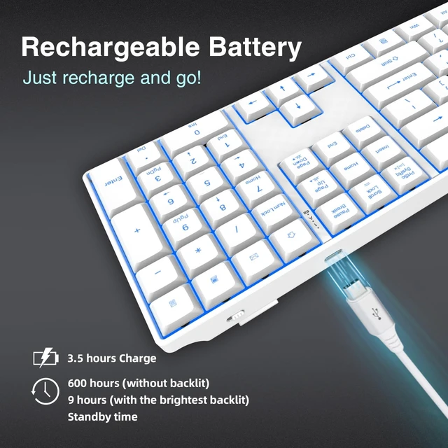 Alt view image 4 of 5 - POWZAN Wireless Backlit Keyboard Quiet - Computer Rechargeable Ergonomic Light UP Keyboard, Silent Keys Full Size Compatible for Windows, Desktop, Laptop, PC, Gaming, PS5 - White