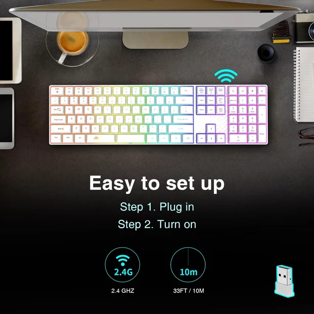 Alt view image 5 of 5 - POWZAN Wireless Backlit Keyboard Quiet - Computer Rechargeable Ergonomic Light UP Keyboard, Silent Keys Full Size Compatible for Windows, Desktop, Laptop, PC, Gaming, PS5 - White