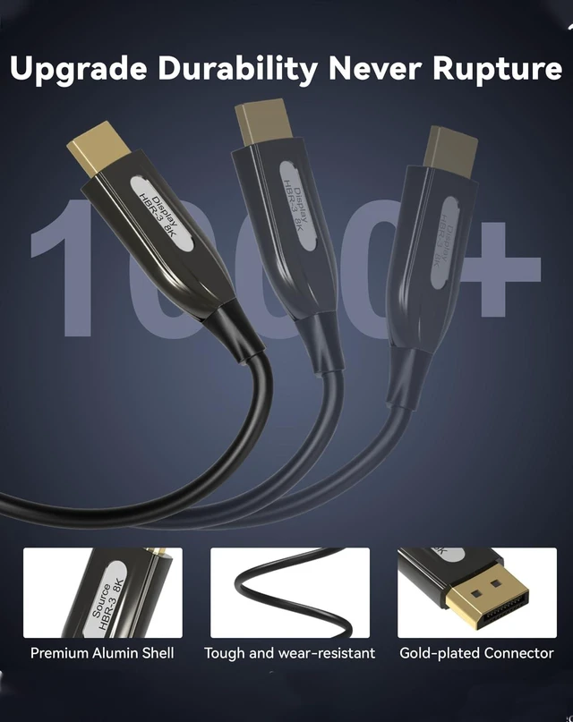 Alt view image 4 of 5 - Fiber Optic Displayport Cable 1.4, Long Display Port 1.4 Cable 8K 60Hz, 4K 144Hz, 2K 240Hz 165Hz 144Hz, Braided DP 32.4Gbps DSC 1.2 HBR3 HDR HDCP FreeSync G-Sync, Gaming Monitor PC Graphics 50FT