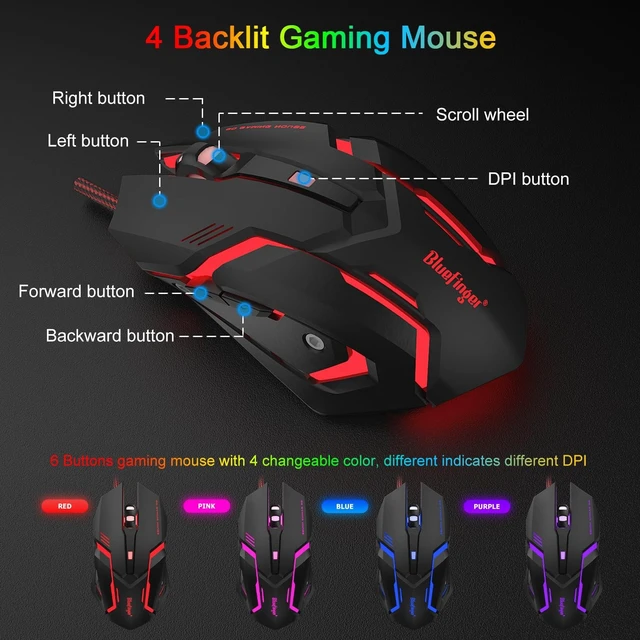 Alt view image 4 of 5 - BlueFinger RGB 87 Keys Gaming Keyboard and Backlit Mouse Combo, USB Wired Rainbow Keyboard, Gaming Keyboard Set for Laptop PC Computer Game and Work(Black & Gray)