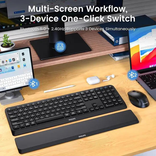 Alt view image 3 of 7 - PHILIPS Bluetooth Keyboard and Mouse Combo - Bluetooth 2.4Ghz Wireless Keyboard and Mouse,Ergonomic Design with Palm Rest,3-Device Connectivity, 5 DPI Mouse, Long Battery for Office & Home - SPT6607