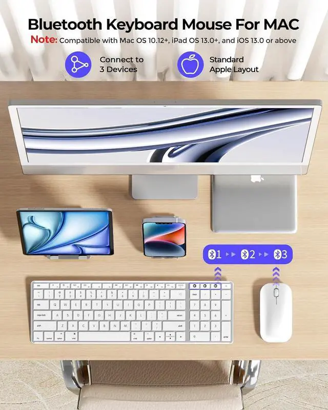 Alt view image 2 of 7 - seenda Bluetooth Keyboard and Mouse for Mac, SKM64-2 Multi-Device Rechargeable Slim Wireless Keyboard Mouse Stainless Steel Full Size, Compatible with MacBook Pro/Air, iPad, Mac - White Silver
