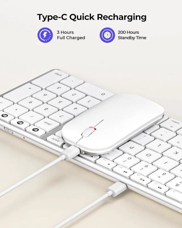 Alt view image 3 of 7 - seenda Bluetooth Keyboard and Mouse for Mac, SKM64-2 Multi-Device Rechargeable Slim Wireless Keyboard Mouse Stainless Steel Full Size, Compatible with MacBook Pro/Air, iPad, Mac - White Silver