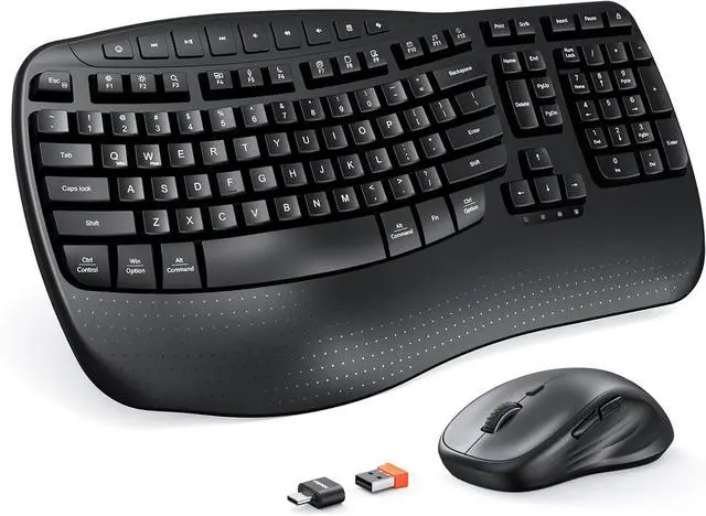 Main image of MEETION Ergonomic Keyboard and Mouse Wireless, Wave Keys Natural Typing, 2.4G Wireless Keyboard with Wrist Rest, 4 Adjustable DPI Optical Mouse, Computer/Laptop/Windows/Mac, Black