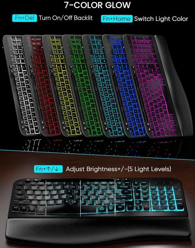 Alt view image 3 of 7 - SABLUTE Wireless Keyboard and Mouse Combo - Ergonomic Wave Keyboard with Soft Leather Wrist Rest, Phone Holder, Rechargeable, RGB Backlit Mouse, Full-Size Set for Windows/Mac/Computer (Black)