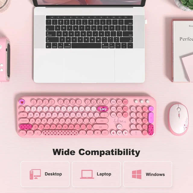 Alt view image 5 of 7 - 2.4GHz Retro Typewriter Wireless Keyboard & Mouse Combo Cute Full-Size Keyboard for PC/Desktop/Laptop/Windows (Pink Colorful)