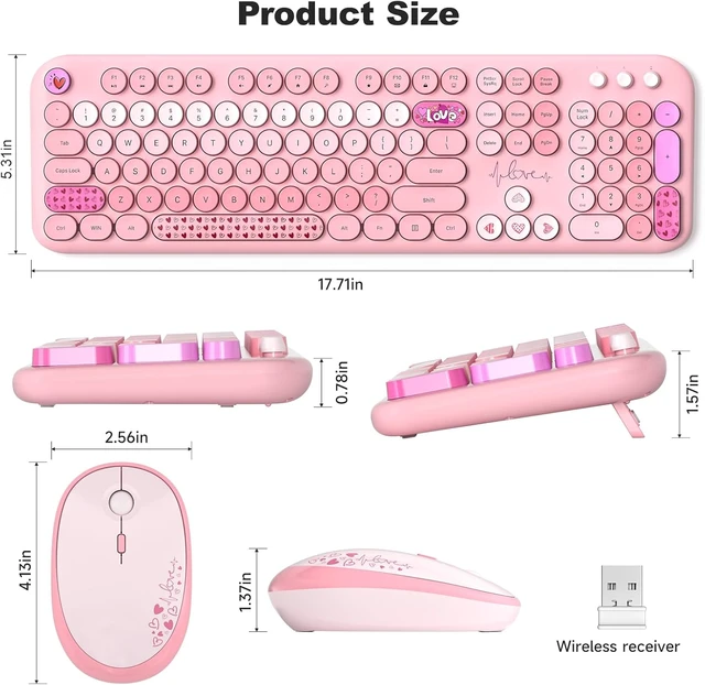 Alt view image 6 of 7 - 2.4GHz Retro Typewriter Wireless Keyboard & Mouse Combo Cute Full-Size Keyboard for PC/Desktop/Laptop/Windows (Pink Colorful)