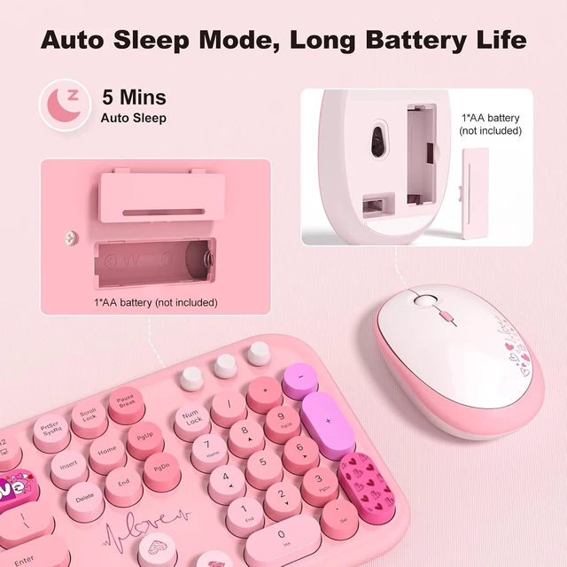 Alt view image 7 of 7 - 2.4GHz Retro Typewriter Wireless Keyboard & Mouse Combo Cute Full-Size Keyboard for PC/Desktop/Laptop/Windows (Pink Colorful)