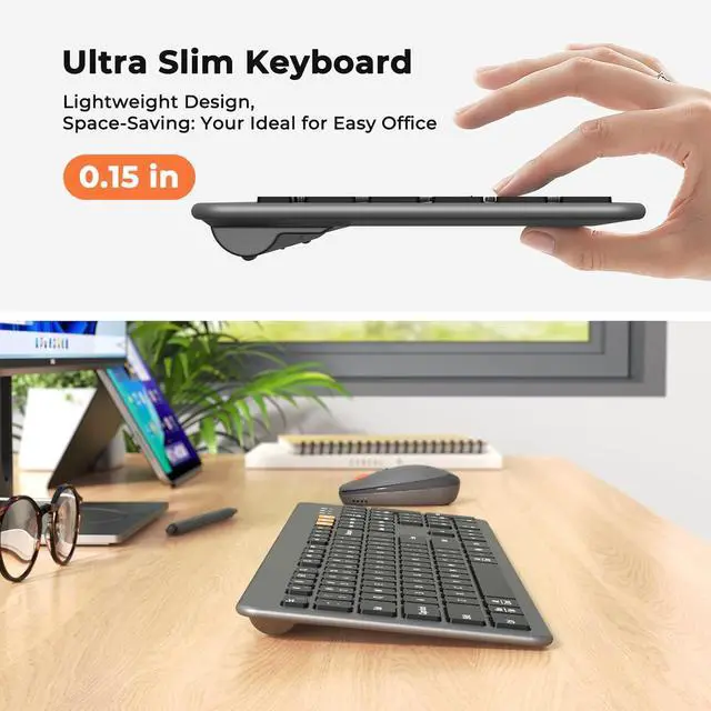 Alt view image 5 of 7 - MEETION Wireless Bluetooth Keyboard and Mouse, Ultra Slim Multi-Device (USB+BT) Keyboard Mice, Quiet Full Size Keyboard with Numeric Keypad, 1200-3200 DPI Mouse, for PC Desktop Tablet Laptop, Win/Mac