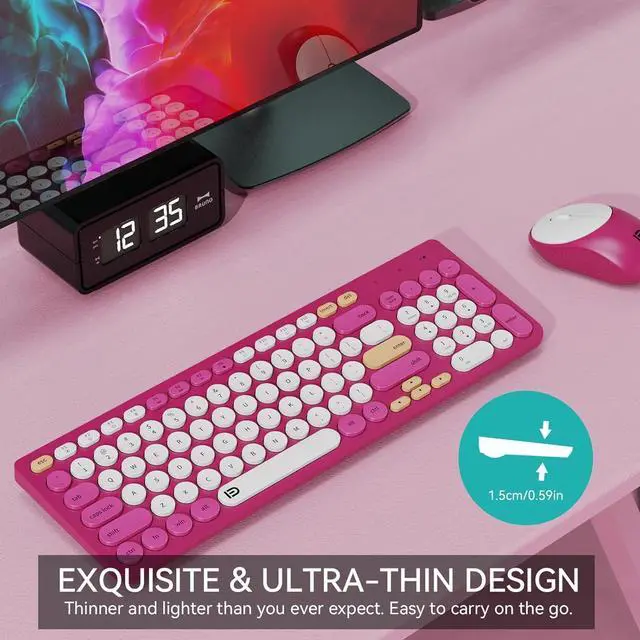 Alt view image 5 of 6 - FD Wireless Keyboards and Mouse Combo - 2.4GHz USB Cordless, Cute Wireless Keyboard Round Keys, Quiet and Slim Set for Laptop, Computer, TV and Mac - Strawberry White Colorful