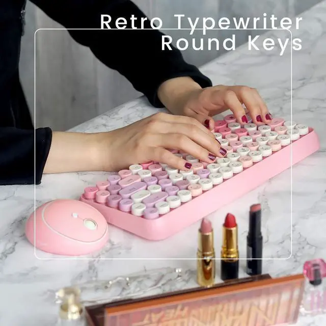 Alt view image 4 of 7 - Perixx PERIDUO-713 Wireless Mini Keyboard and Mouse Combo, Retro Round Key Caps, Pastel Pink, US English Layout
